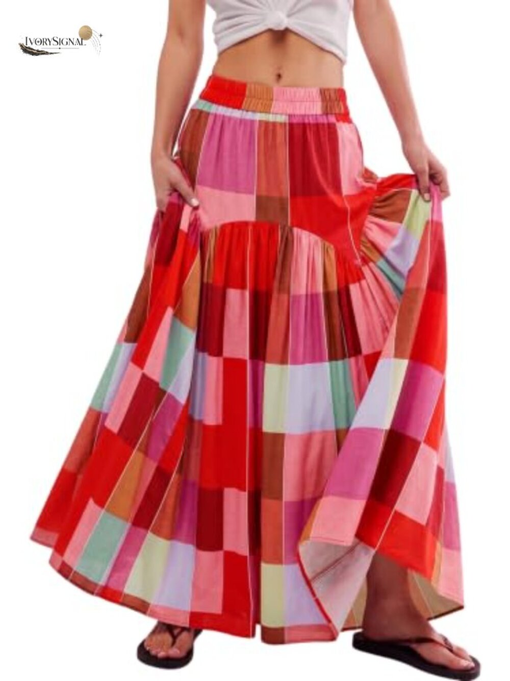 Women's Boho Plaid High Waist Floor Length Maxi Skirt Ruched 100% Polyester